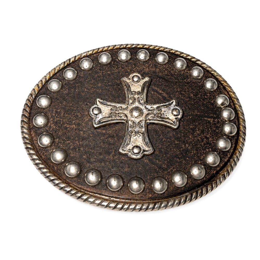 Western Cross Leather Belt Buckle Studded Engraved Oval Made In Spain 2.7 in